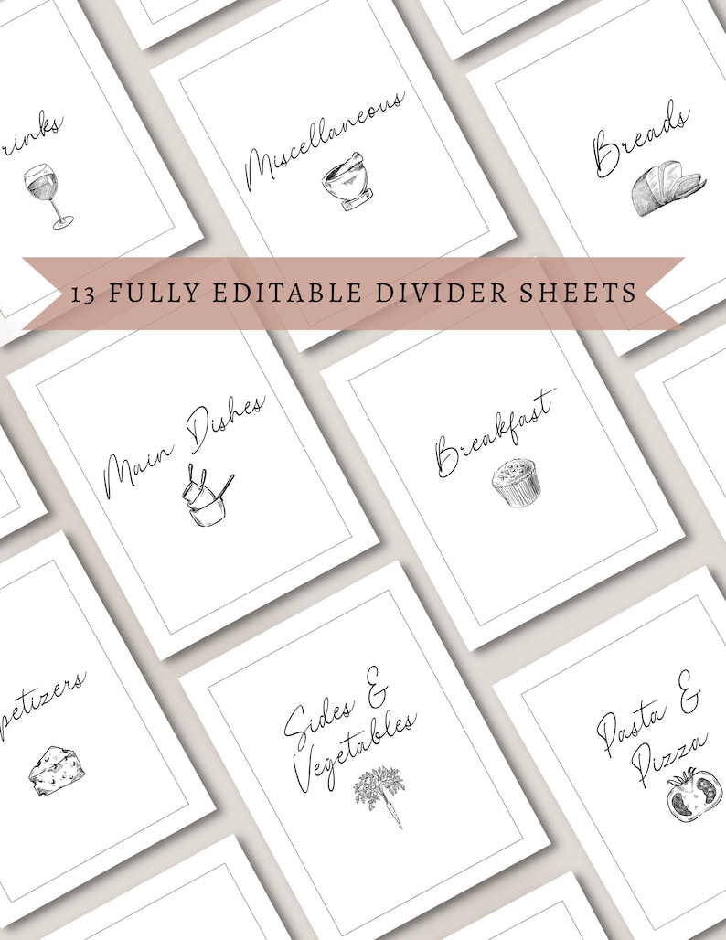 May include: Thirteen printable divider sheets for a recipe binder. Each sheet features a different category for recipes, such as "Main Dishes", "Sides & Vegetables", "Breakfast", and "Pasta & Pizza".