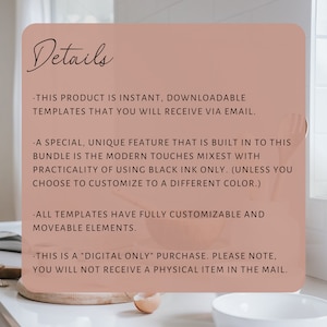 May include: A pink and white graphic with the word "Details" in black cursive font. The text describes the product as an instant, downloadable template that is fully customizable and includes a unique feature of using black ink only. The text also states that the product is a digital purchase and will not be shipped.