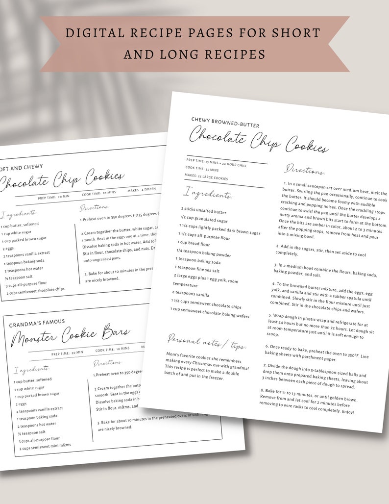 May include: Two printable recipe pages for chewy browned butter chocolate chip cookies and monster cookie bars. The recipes include ingredients, prep time, cook time, and directions.