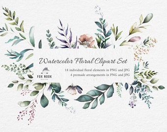 Watercolor Floral Clipart Set – Rustic Botanical Elements (Digital Download)