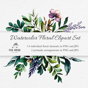 Conjunto de clipart floral aquarela rústico - para papelaria DIY, álbuns de recortes, casamentos, chuveiros e decoração. Gráficos pintados à mão para um toque romântico
