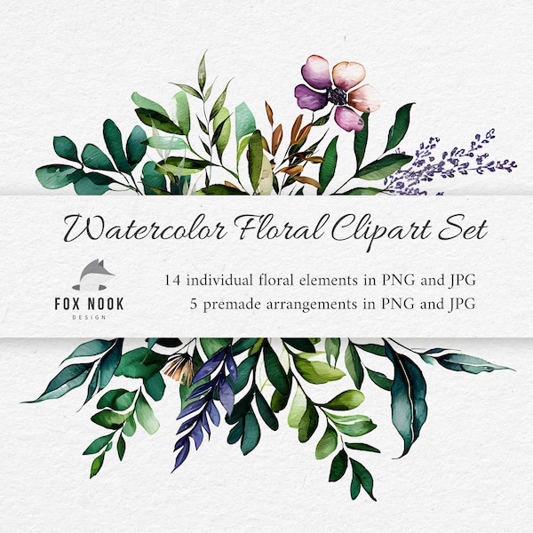 Rustic Watercolor Floral Clipart Set - for DIY Stationery, Scrapbooks, Weddings, Showers and Decor. Handpainted graphics for a romantic feel