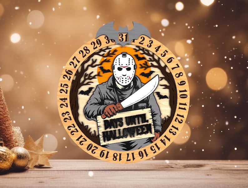 May include: Wooden Halloween countdown calendar featuring a masked figure holding a knife. The design includes a circular frame with numbers, bats, and the text "DAYS UNTIL HALLOWEEN". The top has a bat-shaped accent. The color palette includes brown, orange, and black.