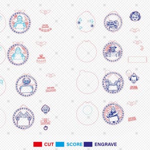 May include: A collection of Halloween-themed laser cut designs. The designs include circular ornaments with horror movie characters, bats, and text. The text includes "Happy Halloween" and other phrases. The designs are in red, blue, and light blue.