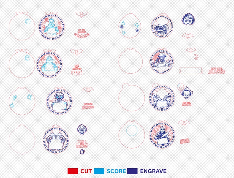 May include: A collection of Halloween-themed laser cut designs. The designs include circular ornaments with horror movie characters, bats, and text. The text includes "Happy Halloween" and other phrases. The designs are in red, blue, and light blue.