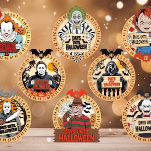 Può includere: Decorazioni di conto alla rovescia di Halloween in legno con personaggi horror iconici come Pennywise, Beetlejuice e Freddy Krueger. Ogni design circolare ha un quadrante numerico e recita "Giorni a Halloween."