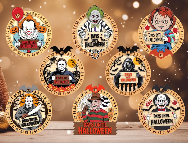 May include: Wooden Halloween countdown decorations featuring iconic horror characters like Pennywise, Beetlejuice, and Freddy Krueger. Each circular design has a number dial and reads "Days Until Halloween."