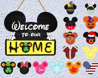 Interchangeable Welcome to our home Sign Svg, Cartoon Mouse Door Hanger svg, Seasonal Door sign svg, Laser cut files,Glowforge svg files