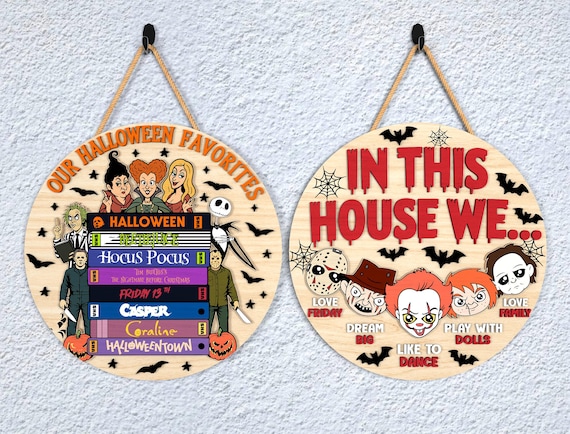 Halloween Door Sign SVG, Horror Movie Characters Spooky Family & Favorite Halloween Films Wood Sign Laser Cut Files, Glowforge svg files