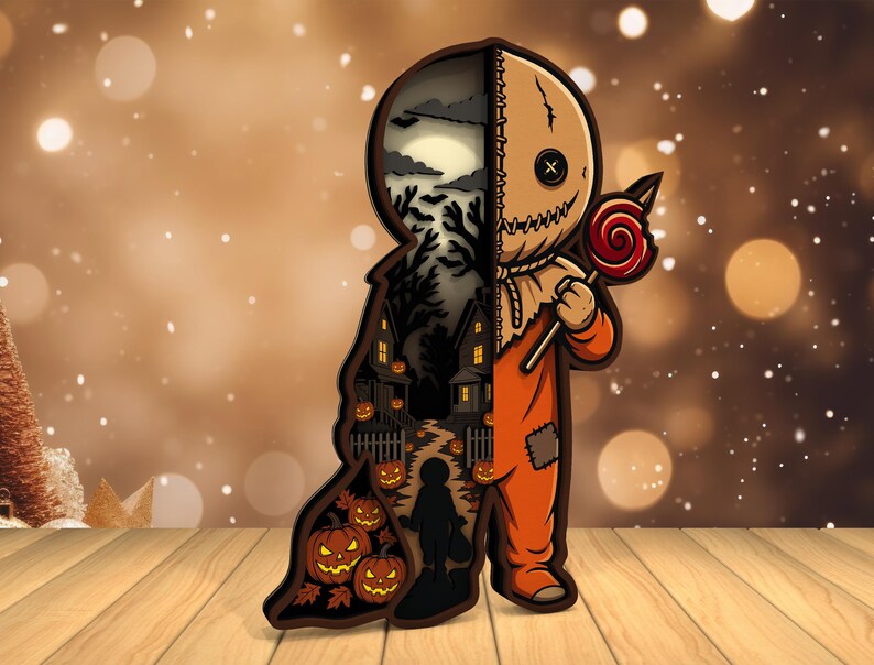 Może przedstawiać: Wycięcie z drewna o tematyce Halloween. Jedna strona przedstawia upiorną nocną scenę z nawiedzonym domem i dyniami. Druga strona przedstawia postać w pomarańczowym kostiumie trzymającą lizaka.