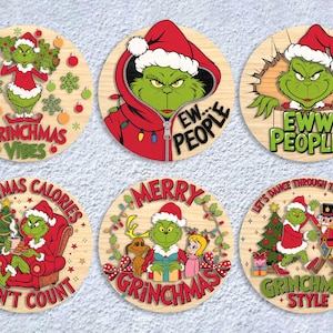 Funny Green Christmas Door Sign SVG Bundle, Holiday Cartoon Round Sign Laser Cut File, Christmas Round Sign Decor svg,Glowforge svg files