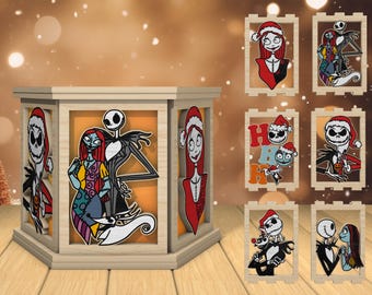 May include: A wooden lantern with six sides, each featuring a different image of Jack Skellington and Sally from The Nightmare Before Christmas. The images include the couple in various poses, including a Christmas-themed scene with the text "Ho Ho Ho".