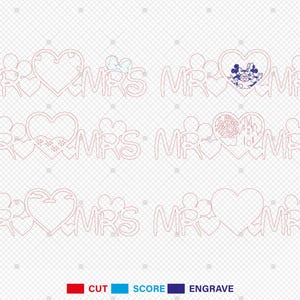 May include: Three variations of a "Mr. & Mrs." wedding sign with hearts and Mickey Mouse. The first sign has a Mickey Mouse silhouette in the heart. The second sign has a floral design in the heart. The third sign has a blank heart.