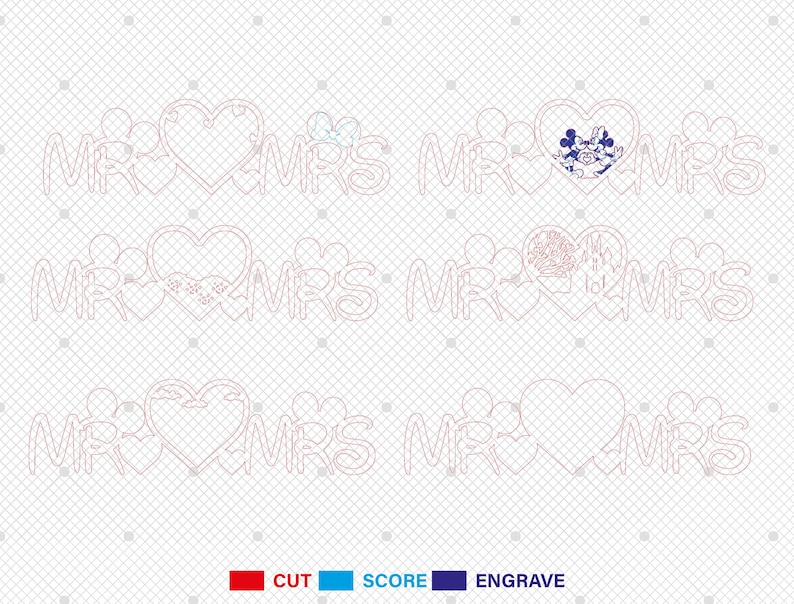 May include: Three variations of a "Mr. & Mrs." wedding sign with hearts and Mickey Mouse. The first sign has a Mickey Mouse silhouette in the heart. The second sign has a floral design in the heart. The third sign has a blank heart.