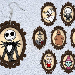 May include: Wooden earrings featuring characters from The Nightmare Before Christmas, including Jack Skellington. The earrings have a brown decorative frame and a silver hook. Other character portraits are also shown.