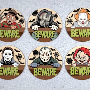 Halloween Beware Door Hanger SVG Bundle, Horror Movie Character Door Sign Laser Cut Files, Spooky Porch Decor svg, Glowforge svg files