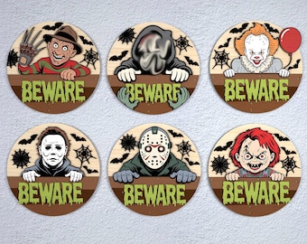 Halloween Beware Door Hanger SVG Bundle, Horror Movie Character Door Sign Laser Cut Files, Spooky Porch Decor svg, Glowforge svg files