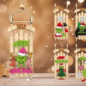 Cartoon kerstslee ornament svg, vintage houten kerst slee ornament svg, kerstornament svg, lasergesneden bestanden, Glowforge svg-bestanden