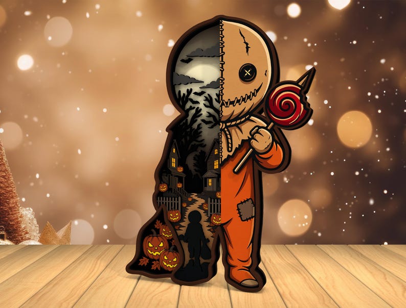 Może przedstawiać: Wycięcie z drewna o tematyce Halloween, przedstawiające postać w pomarańczowym kombinezonie trzymającą lizaka. Głowa postaci jest podzielona, z jednej strony pokazującą zszytą maskę, a z drugiej upiorny krajobraz z domem, dyniami i sylwetką dziecka.