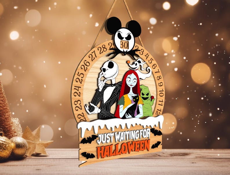 May include: Wooden Halloween countdown sign featuring Jack Skellington, Sally, Zero, and Oogie Boogie. The sign has a Mickey Mouse head with the number 30. The text "JUST WAITING FOR HALLOWEEN" is displayed on the bottom. The sign is designed with a circular shape and a wooden finish.