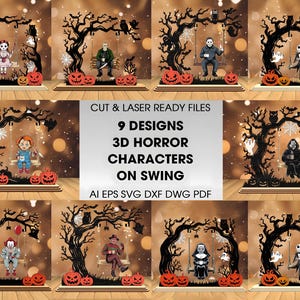May include: Nine laser-cut Halloween designs featuring 3D horror characters on swings, with carved pumpkins and spooky tree silhouettes. The text reads "CUT & LASER READY FILES" and "9 DESIGNS 3D HORROR CHARACTERS ON SWING".