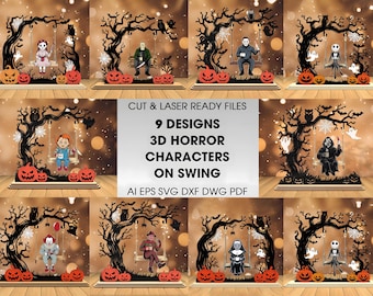 Horror Characters On Swing 3D Laser Cut SVG Bundle, Halloween Table Decor Cut Files, Creepy Tree with Pumpkins & Ghosts,Glowforge svg files