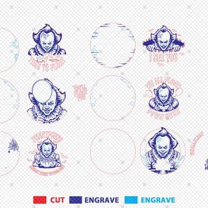 May include: A digital design sheet featuring multiple illustrations of a scary clown with text. The images include the phrases "TIME TO FLOAT", "I SEE YOU", and "WE ALL FLOAT DOWN HERE". The design also includes a house and spiderwebs.