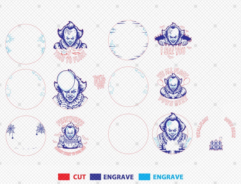May include: A digital design sheet featuring multiple illustrations of a scary clown with text. The images include the phrases "TIME TO FLOAT", "I SEE YOU", and "WE ALL FLOAT DOWN HERE". The design also includes a house and spiderwebs.