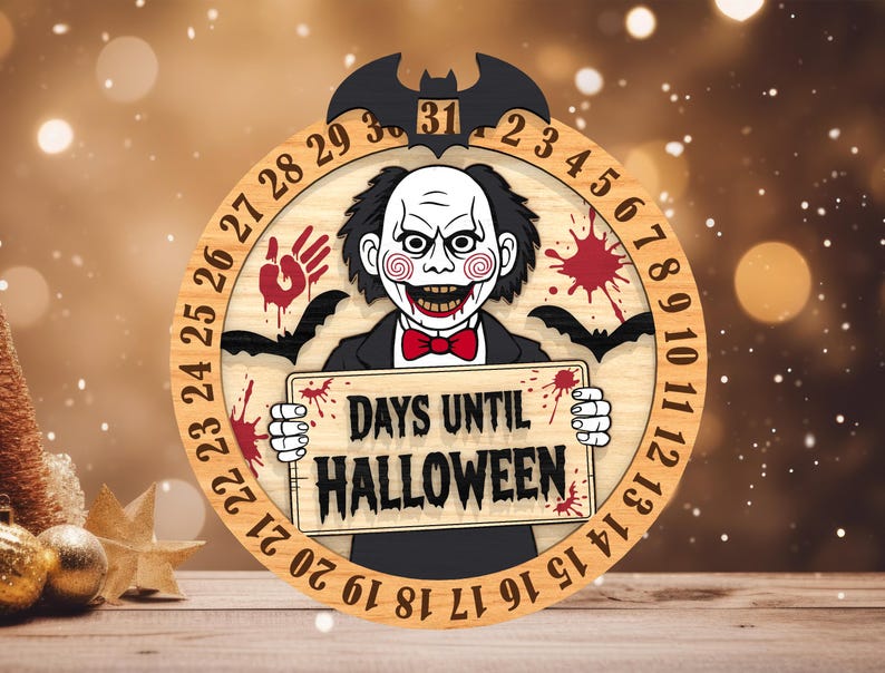 May include: Wooden Halloween countdown clock featuring a spooky character with a red bow tie, holding a sign that reads "DAYS UNTIL HALLOWEEN." The clock has a bat at the top and numbers around the edge, with a handprint and bats.