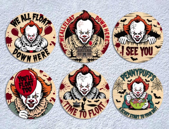 Horror Halloween Door Sign SVG Bundle, Creepy Clown, Time to Float, I See You, PennyPuffs Door Hanger Laser Cut Files, Glowforge svg files