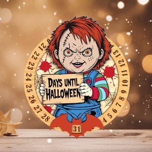 May include: A Halloween countdown decoration featuring a cartoon character holding a sign that reads "DAYS UNTIL HALLOWEEN." The wooden circle has numbers counting down to Halloween, with a bat graphic showing "31". The character has red hair and stitched scars.