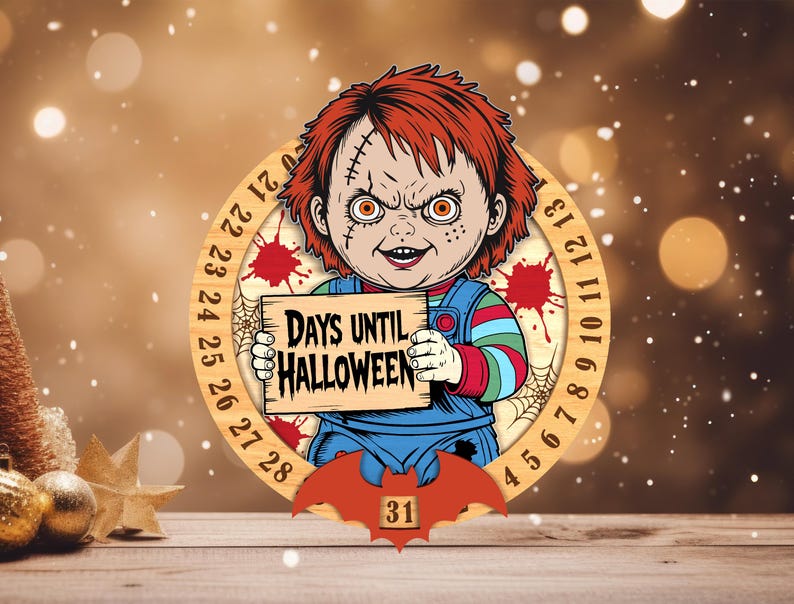 May include: A Halloween countdown decoration featuring a cartoon character holding a sign that reads "DAYS UNTIL HALLOWEEN." The wooden circle has numbers counting down to Halloween, with a bat graphic showing "31". The character has red hair and stitched scars.
