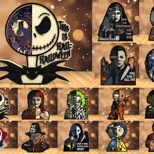 May include: A selection of Halloween-themed wooden cutouts showcasing famous characters. Designs include Jack Skellington, Michael Myers, Chucky, and others. Each cutout is split with a contrasting design and text.