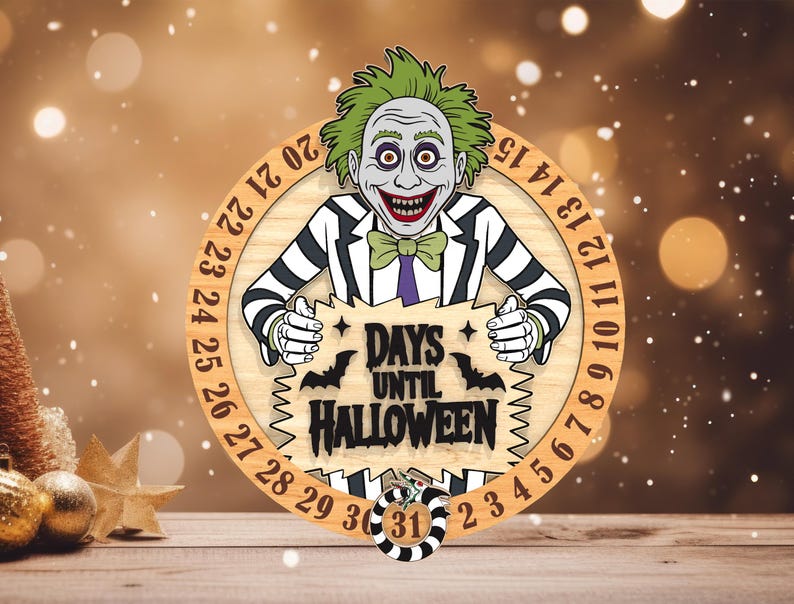 May include: Wooden Halloween countdown clock featuring a cartoon character with green hair and a black and white striped suit. The clock face has the text "DAYS UNTIL HALLOWEEN" and a rotating dial to count down the days.