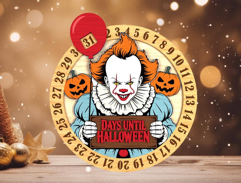 May include: Wooden Halloween countdown clock featuring a clown with orange hair, holding a sign that reads "DAYS UNTIL HALLOWEEN." A red balloon with the number 31 is at the top. Two jack-o'-lanterns flank the clown. The clock is surrounded by numbers.