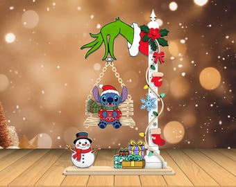 Cartoon Alien Christmas on Swing Laser SVG, Cartoon Shelf Sitter Laser SVG,Christmas Cartoon SVG, Xmas Shelf Sitter svg, Glowforge svg files