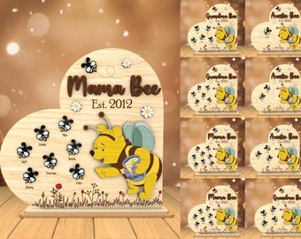 Segno del cuore della mamma ape personalizzato in formato svg, regalo per la nonna, segno della nonna orsa ape in formato svg, file tagliati al laser per la festa della mamma, file svg Glowforge