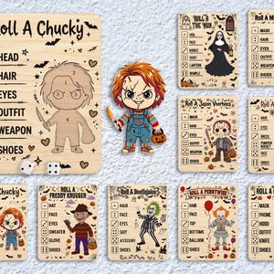 May include: A set of wooden game boards featuring horror movie characters including Chucky, The Nun, Michael Myers, Jason Voorhees, Annabelle, Freddy Krueger, Beetlejuice, Pennywise, and Ghost Face, with dice and a colorful Chucky figure.