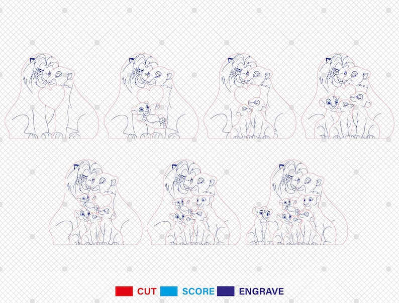 K&ouml;nnte beinhalten: Digitaler Download von Linienkunst einer L&ouml;wenfamilie, einer L&ouml;win mit zwei Jungen, in Herzform. Das Design eignet sich f&uuml;r Laserschneiden, CNC-Schneiden und andere Bastelprojekte.