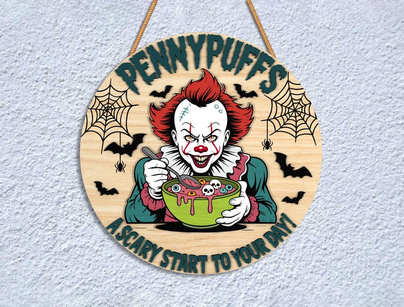 May include: Round wooden sign with the text "PENNYPUFFS" and "A SCARY START TO YOUR DAY!". The sign features a clown holding a bowl of food with eyeballs and skulls. Bats and spiderwebs decorate the sign.