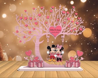 Couple Mouse Valentine on Swing Tree Sign Laser SVG, Wooden Love Tree Shelf Sitter Laser SVG, Romantic Gift Table Decor, Glowforge svg files