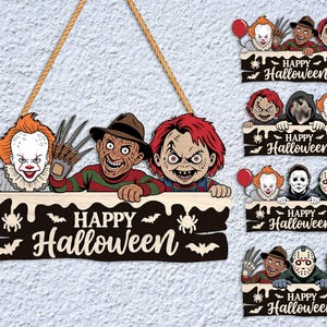 Horror Movie Character Door Hanger svg bundle, Happy Halloween Sign Laser Cut Files, Horror Halloween Welcome Sign svg, Glowforge svg files