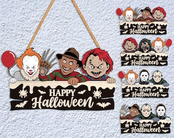 Bundle de svg accroche-porte personnage film d'horreur, Happy Halloween signe fichiers découpés au Laser, horreur Halloween signe de bienvenue svg, fichiers svg Glowforge