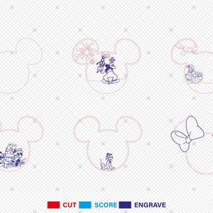 May include: Six different designs for a Mickey Mouse head shaped SVG file. Each design features a different Disney character, including Mickey Mouse, Minnie Mouse, Pluto, Goofy, and Donald Duck. The designs are perfect for creating personalized crafts, decorations, and gifts.