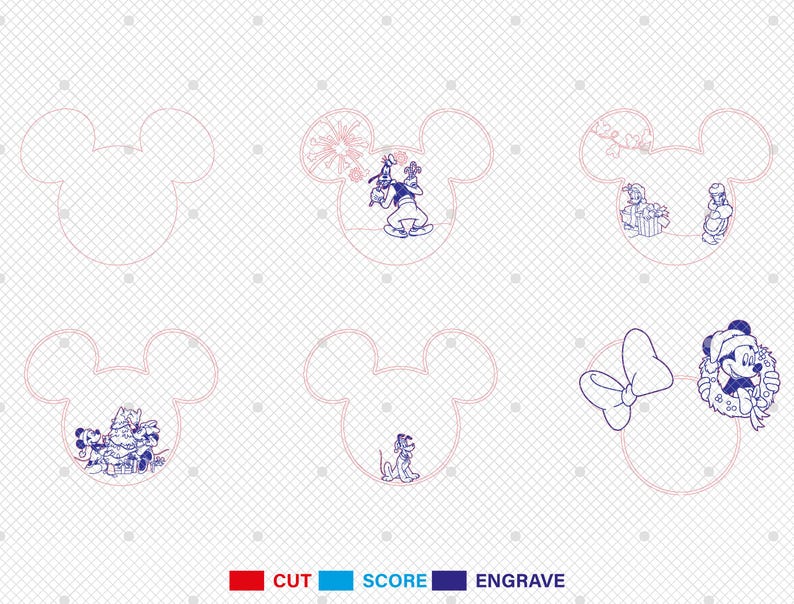 May include: Six different designs for a Mickey Mouse head shaped SVG file. Each design features a different Disney character, including Mickey Mouse, Minnie Mouse, Pluto, Goofy, and Donald Duck. The designs are perfect for creating personalized crafts, decorations, and gifts.