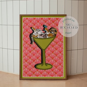 Retro Tiger Cocktail Art Print: Olive Green Bar Wall Decor (A4)