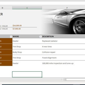 以下が含まれることがあります： 「自動車修理トラッカー」というタイトルの、茶色と緑のカラーテーマのスプレッドシート。このスプレッドシートは、2台の車の修理費用を追跡しており、日付、金額、車種、場所、説明の列があります。スプレッドシートには、合計 54,751.51 ドルが含まれています。