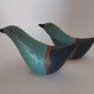 May include: Two ceramic bird ornaments. The birds have teal bodies with dark blue wings and a brown stripe. They have black beaks and small red eyes. The ornaments are on a white surface.