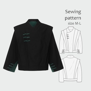 May include: A black jacket with dark green accents, featuring a V-neckline and three toggle closures on the right side. The sleeves have green cuffs with toggle details. Next to it is a sewing pattern with the text Sewing pattern size M-L.