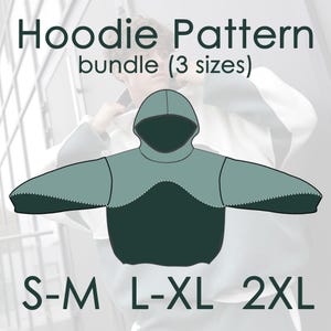 Puede incluir: Un paquete de patrones de sudadera con capucha en verde azulado y verde oscuro, con tres tallas: S-M, L-XL y 2XL. El texto "Hoodie Pattern" y "bundle (3 sizes)" se encuentra en la parte superior de la imagen. El diseño de la sudadera con capucha está centrado.